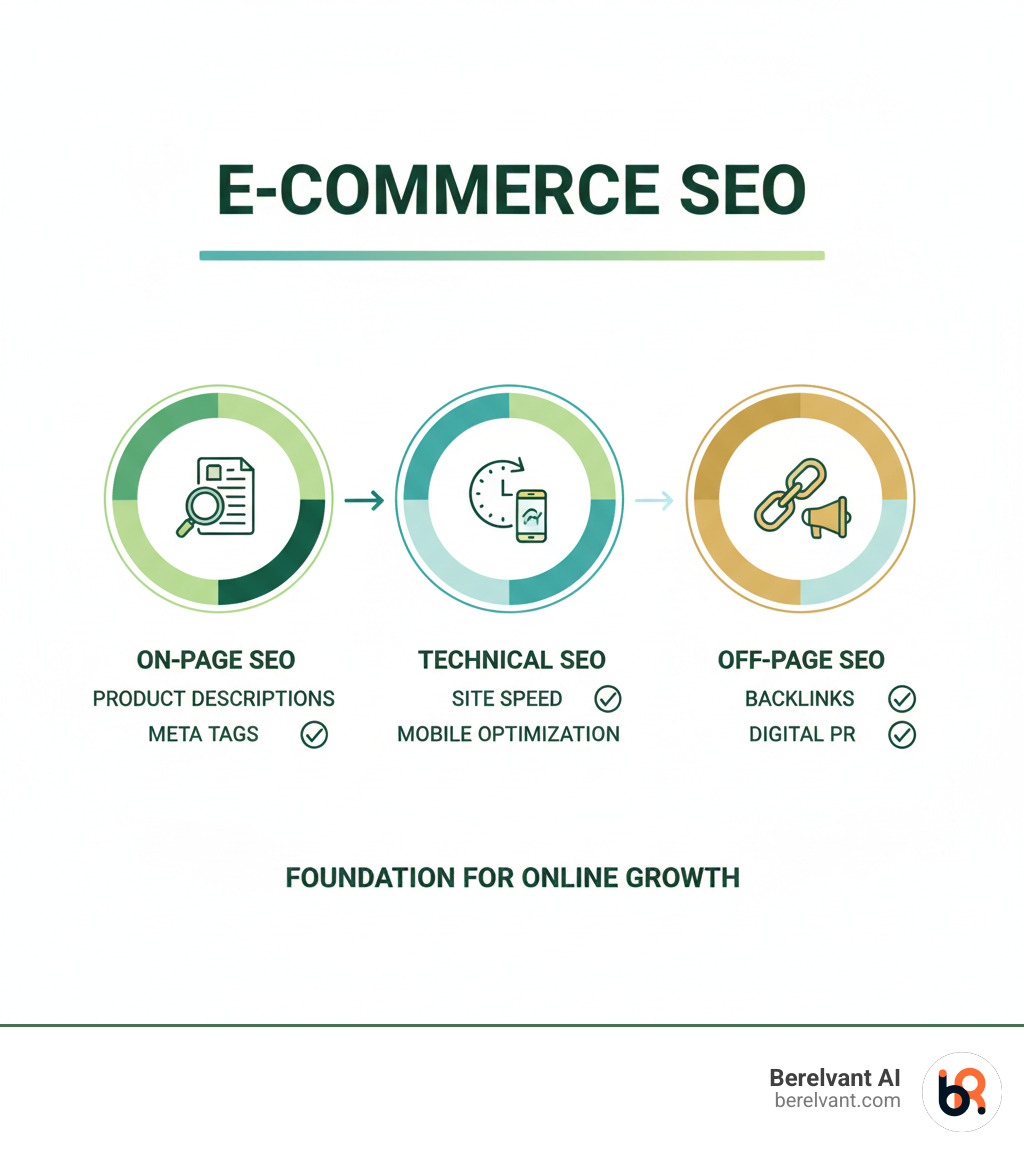 Infographic showing the three core pillars of e-commerce SEO: On-Page SEO including product descriptions and meta tags, Technical SEO including site speed and mobile optimization, and Off-Page SEO including backlinks and digital PR - SEO for e-commerce infographic 