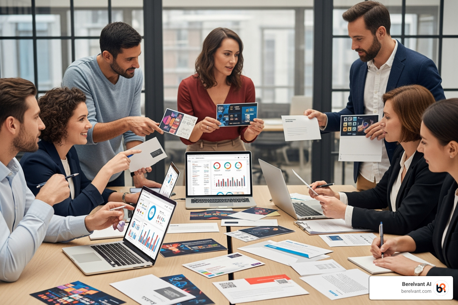 marketing agency team collaborating on a direct mail and digital campaign - how digital marketing agencies offer direct mail services