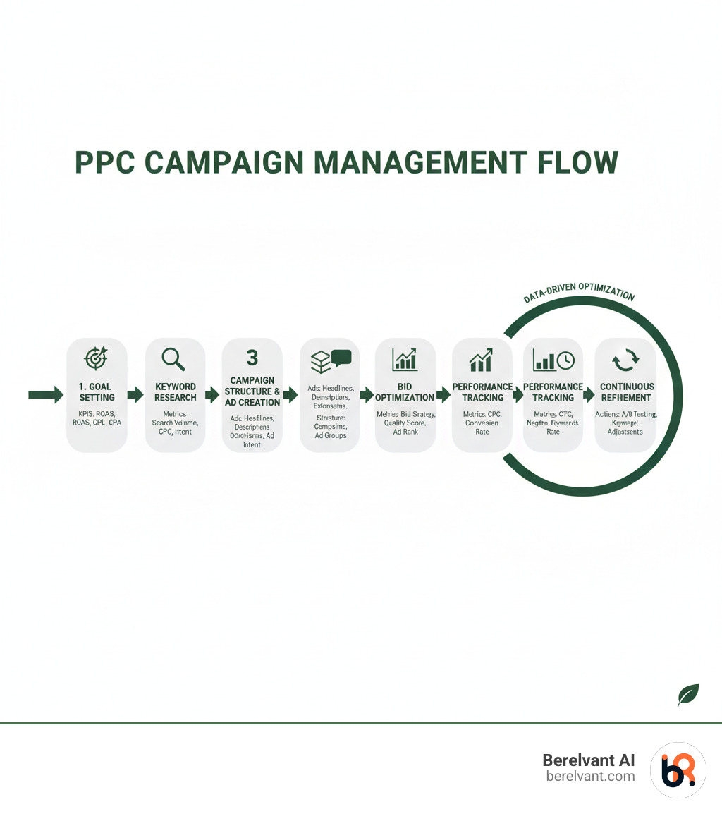 Infographic showing the complete PPC campaign management flow: from goal setting and keyword research, through campaign structure and ad creation, to bid optimization, performance tracking, and continuous refinement with key metrics highlighted at each stage - PPC campaign management infographic 