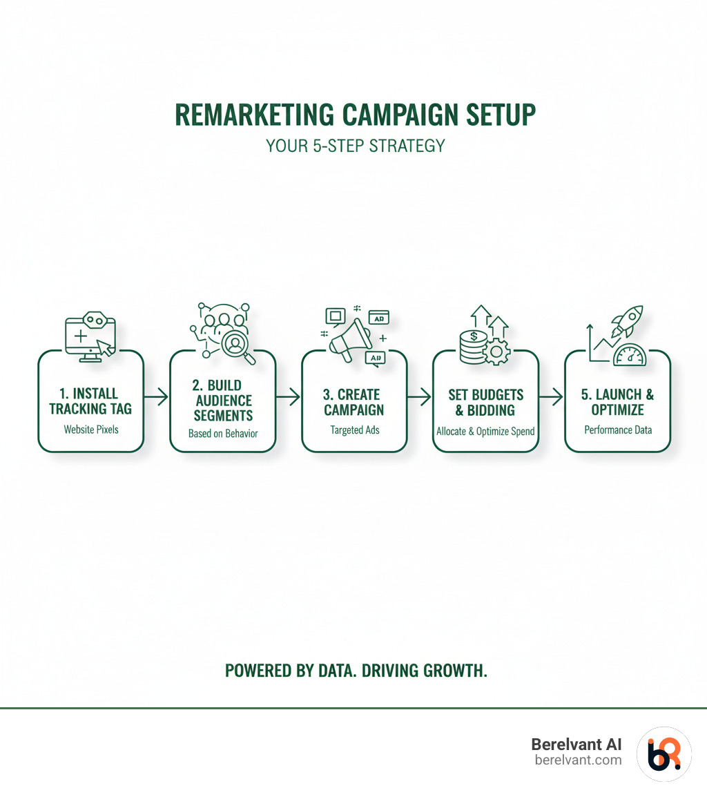 Infographic showing the step-by-step remarketing campaign setup process: 1. Install tracking tag, 2. Build audience segments based on website behavior, 3. Create campaign with targeted ads, 4. Set budgets and bidding strategy, 5. Launch and optimize based on performance data - remarketing campaign setup infographic 