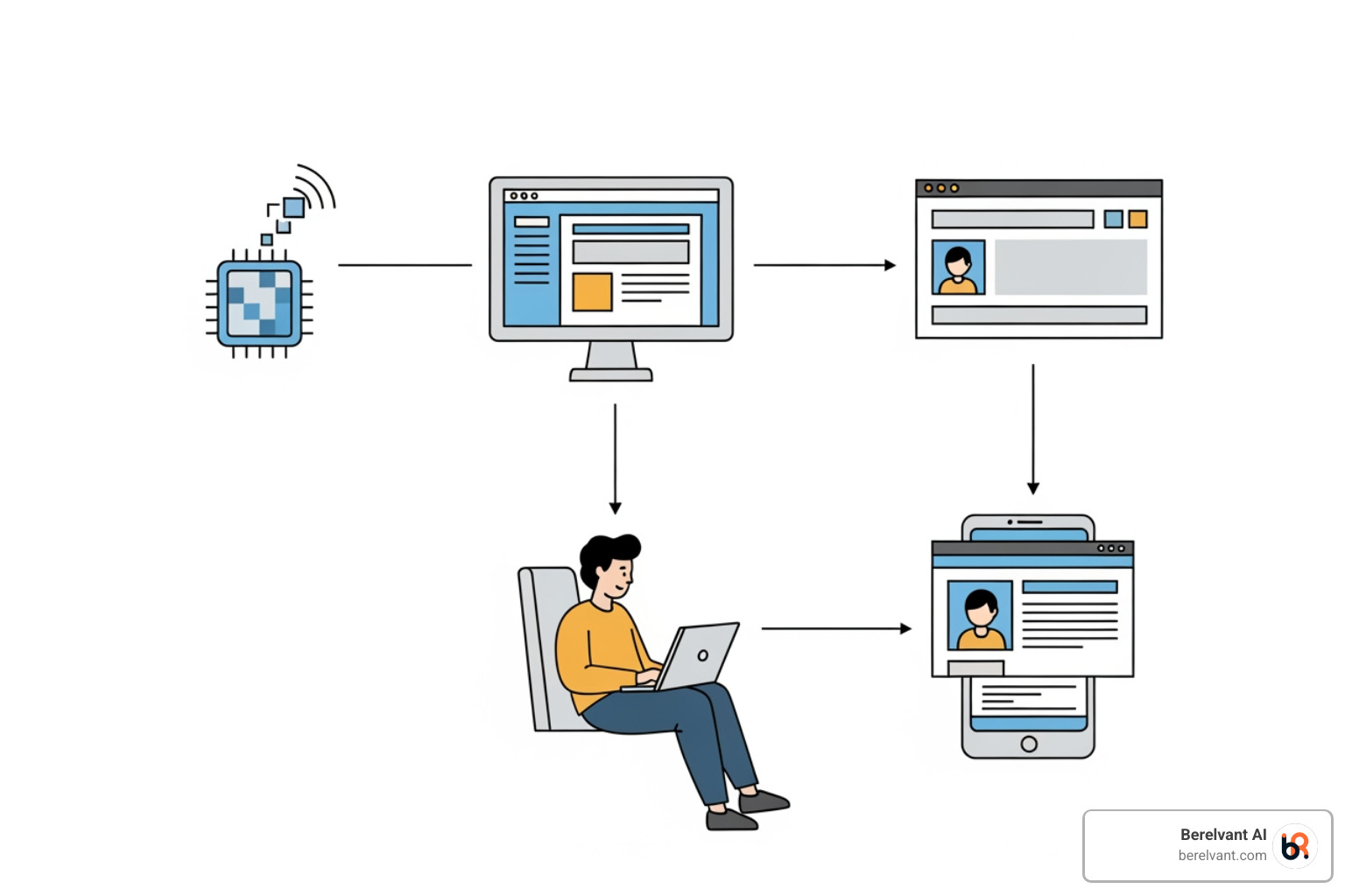 A tracking pixel icon connected by lines to a website, then to a user browsing online, and finally to an ad displaying on another website. - remarketing campaign setup