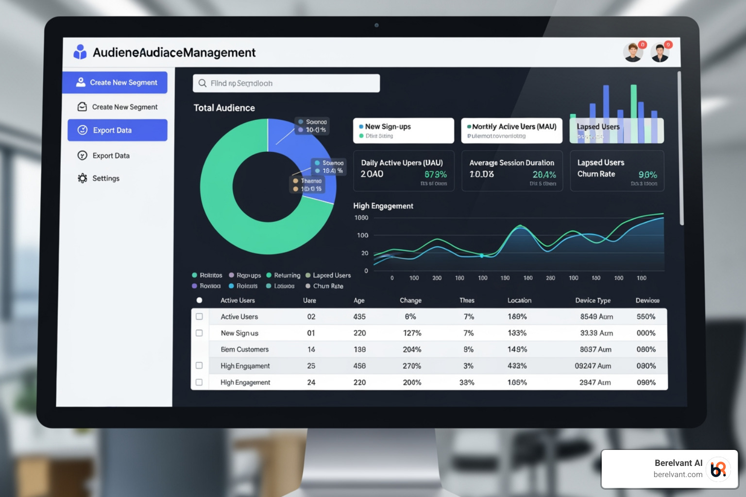 An interface of an audience management dashboard, showing different audience segments, their sizes, and engagement metrics. - remarketing campaign setup