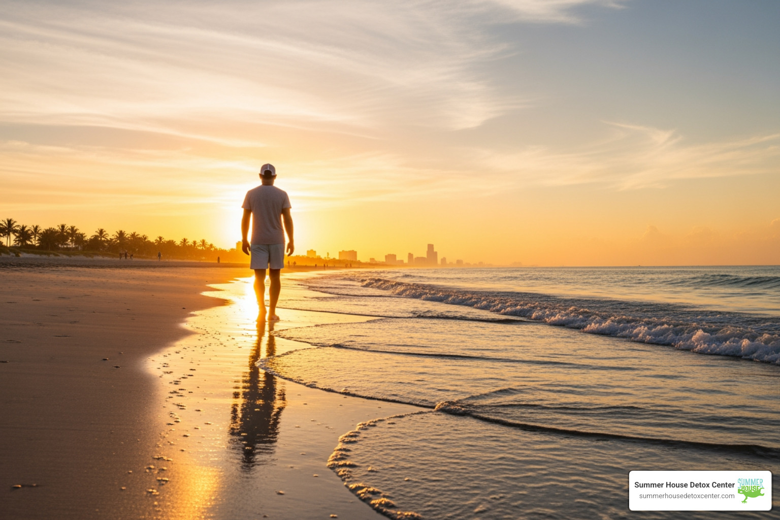 person enjoying a healthy activity like walking on a Miami beach at sunrise - MAT for opioid addiction person enjoying a healthy activity like walking on a Miami beach at sunrise - MAT for opioid addiction