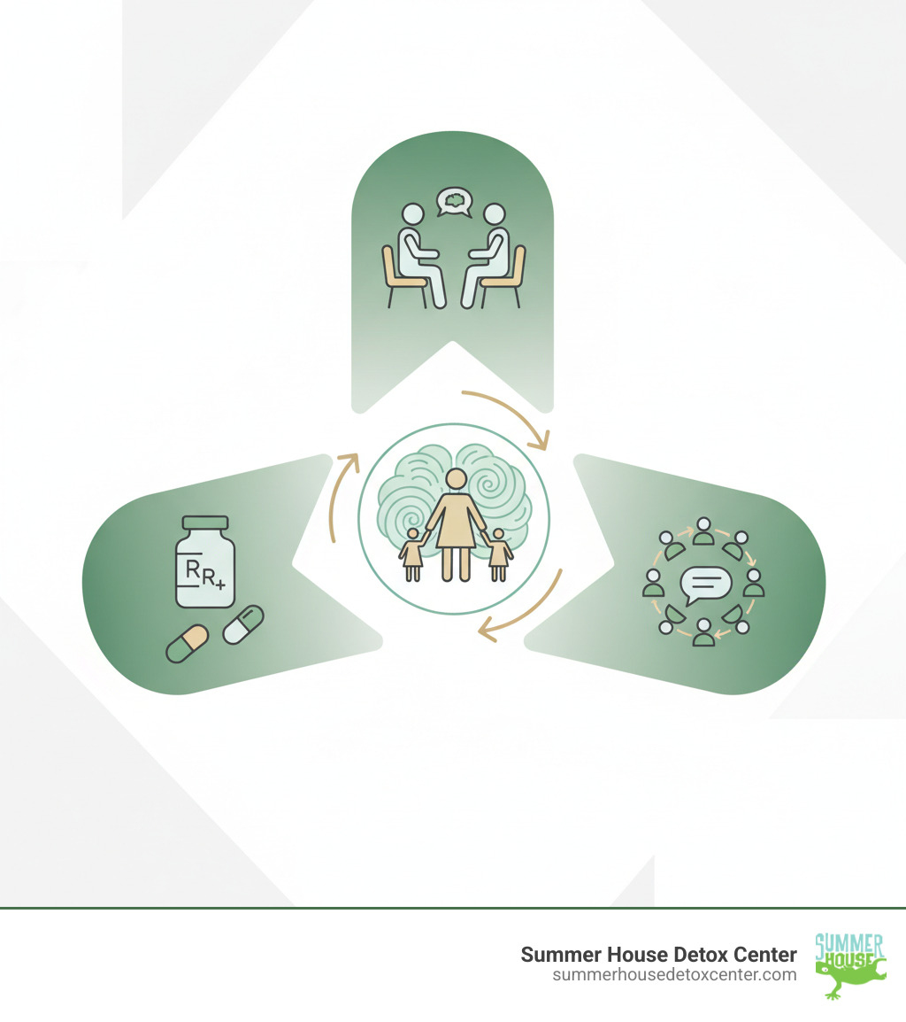 infographic showing three pillars of MAT treatment: first pillar shows FDA-approved medications like methadone and buprenorphine with prescription bottle icon, second pillar shows counseling services with therapist and patient icon, third pillar shows behavioral therapies and support groups with people talking icon, arrows connecting all three pillars to center showing recovering person with family - MAT for opioid addiction infographic infographic showing three pillars of MAT treatment: first pillar shows FDA-approved medications like methadone and buprenorphine with prescription bottle icon, second pillar shows counseling services with therapist and patient icon, third pillar shows behavioral therapies and support groups with people talking icon, arrows connecting all three pillars to center showing recovering person with family - MAT for opioid addiction infographic