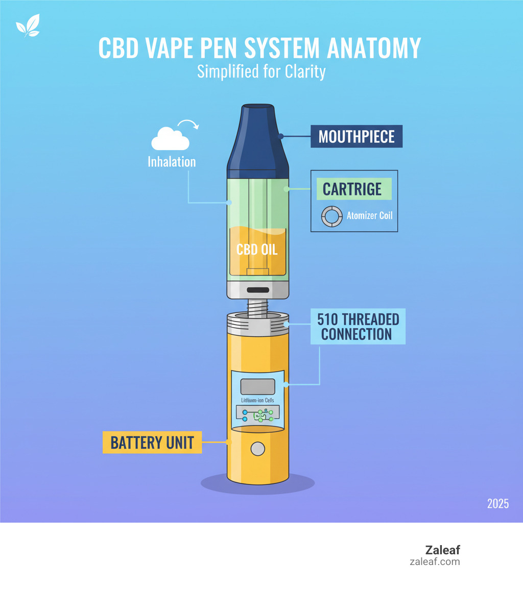 Infographic showing the anatomy of a CBD vape pen system with labeled components: battery unit at the base containing lithium-ion cells and circuitry, 510 threaded connection in the middle, cartridge containing CBD oil and atomizer coil at the top, and mouthpiece for inhalation - CBD vape pen battery infographic 