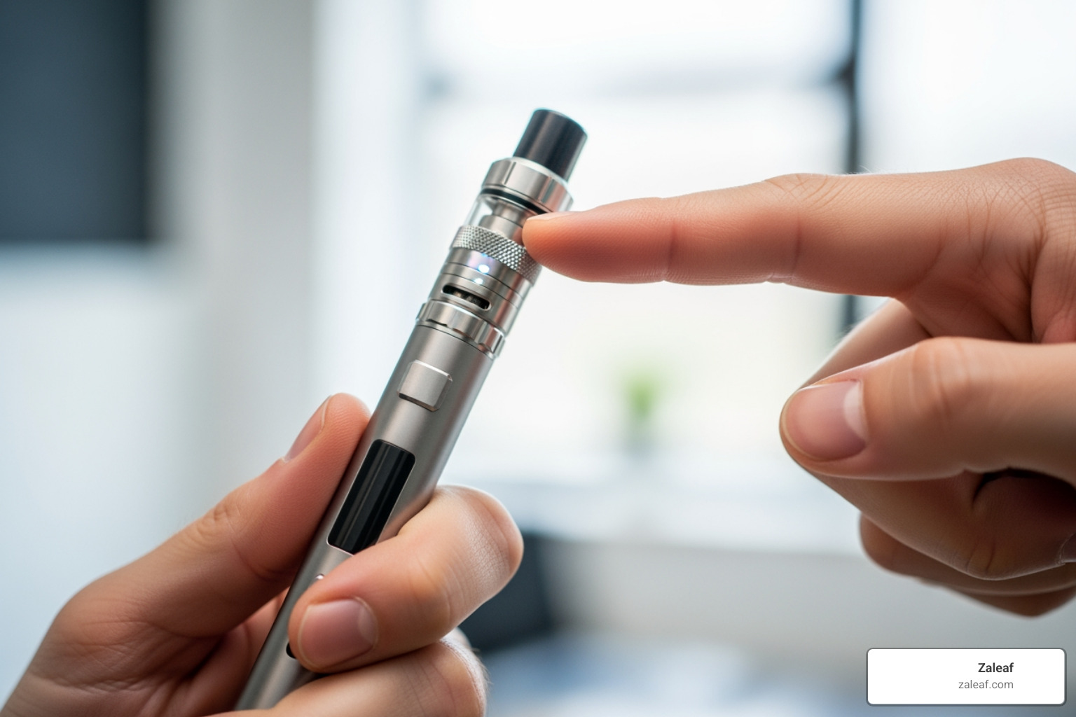 hand holding a vape pen, pointing to the voltage adjustment dial - CBD vape pen battery