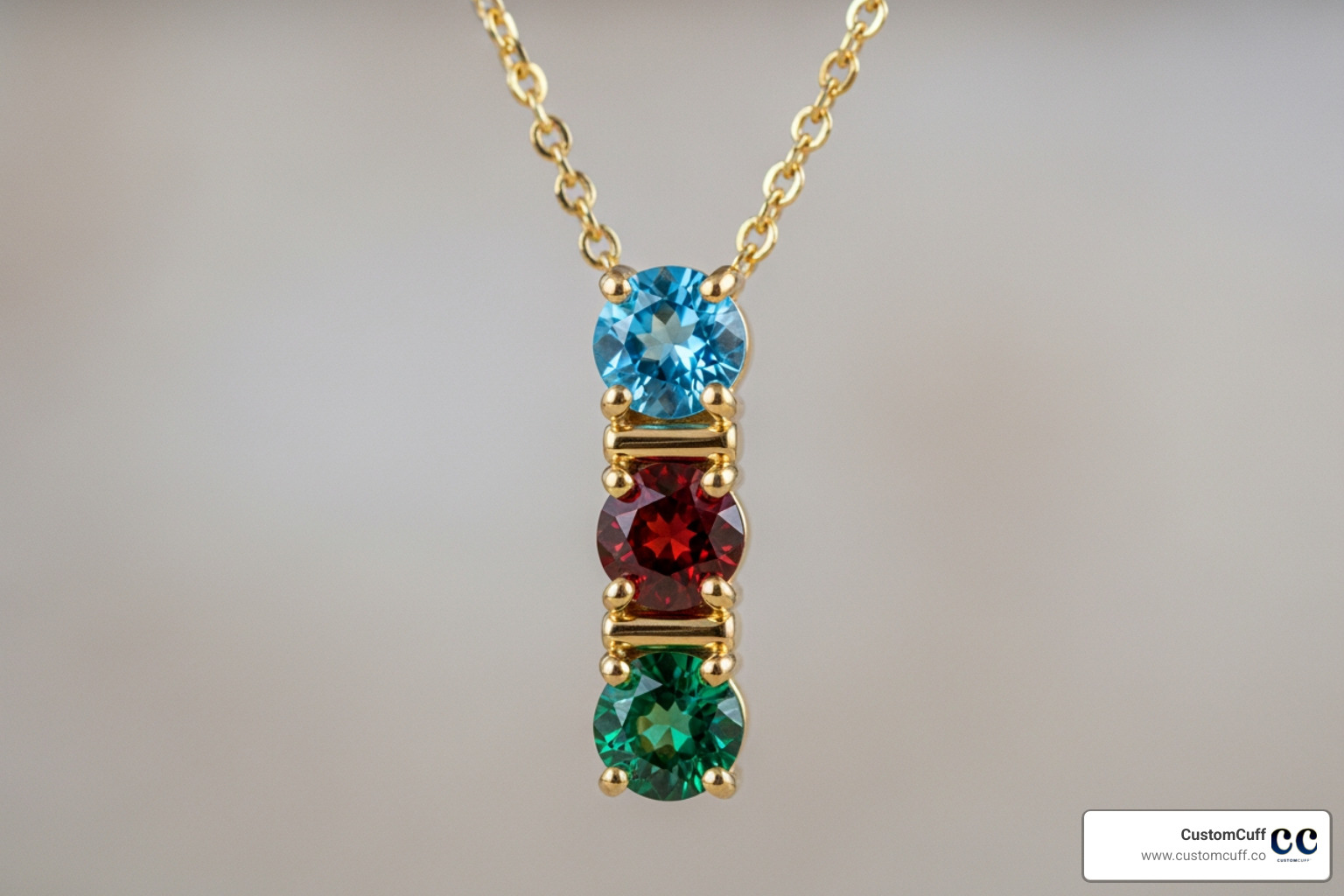 gold necklace with three different colored birthstones - engraved mothers necklace