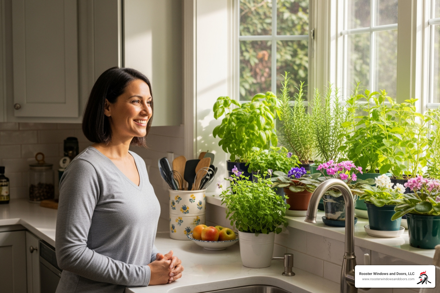 homeowner looking at garden window - affordable garden windows