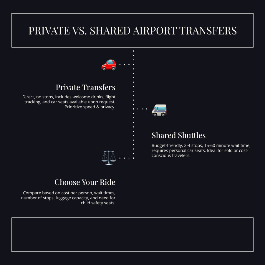 Infographic comparing private transfers and shared shuttles showing cost per person, wait times, stops along route, luggage capacity, and key features like flight tracking and welcome drinks - airport cab service infographic infographic-line-3-steps-dark