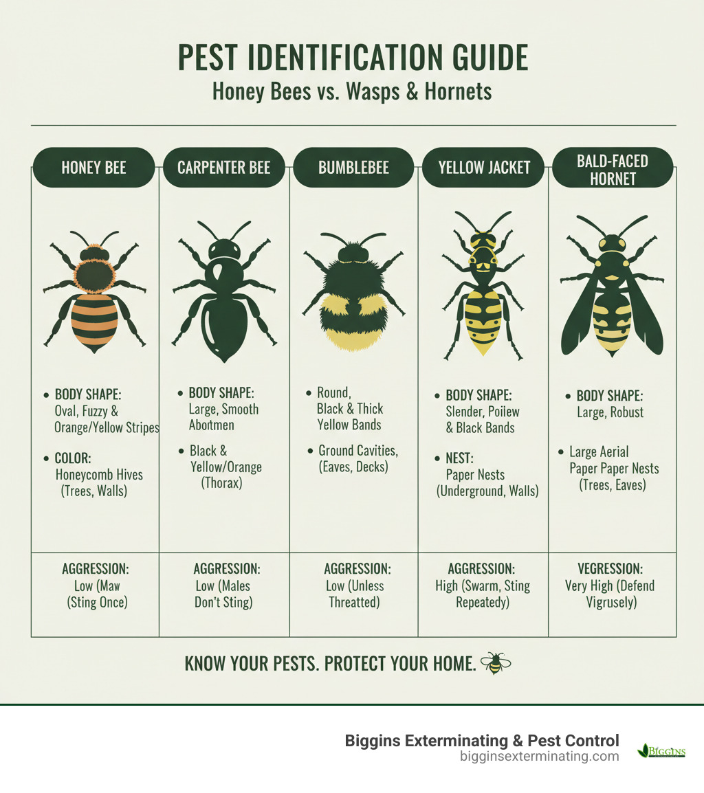 Infographic showing side-by-side comparison of honey bees, carpenter bees, bumblebees, yellow jacket wasps, and bald-faced hornets with key identifying features including body shape, color patterns, typical nest locations, and aggression levels for each species - local bee exterminators in my area infographic 