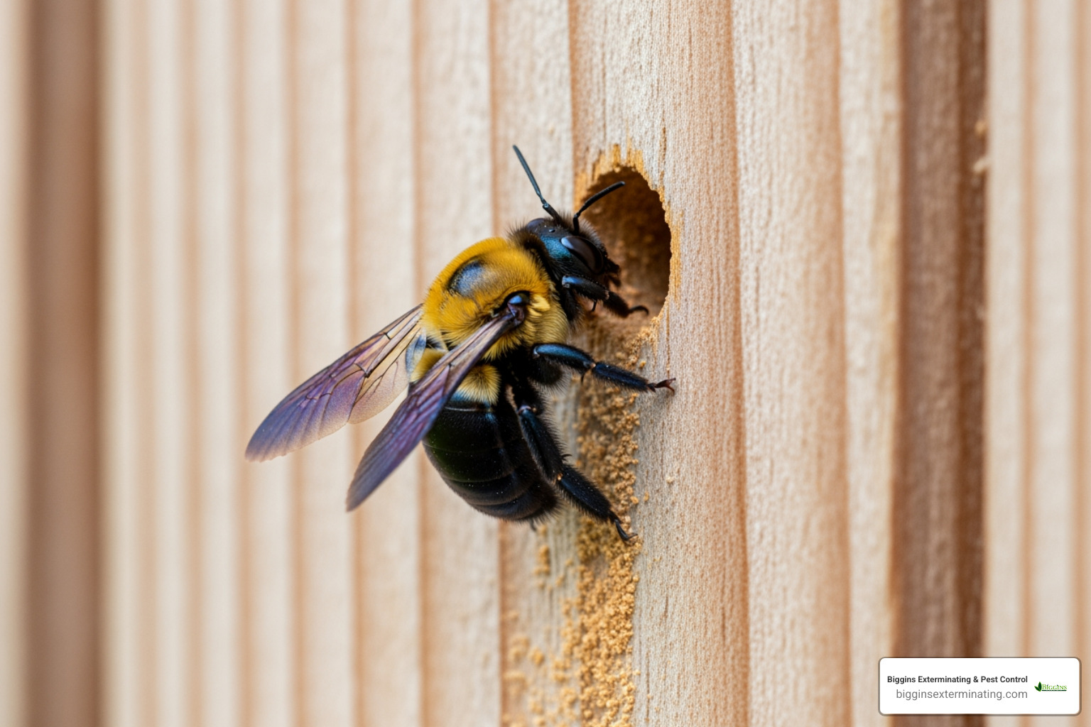 A carpenter bee burrowing into wood siding - local bee exterminators in my area