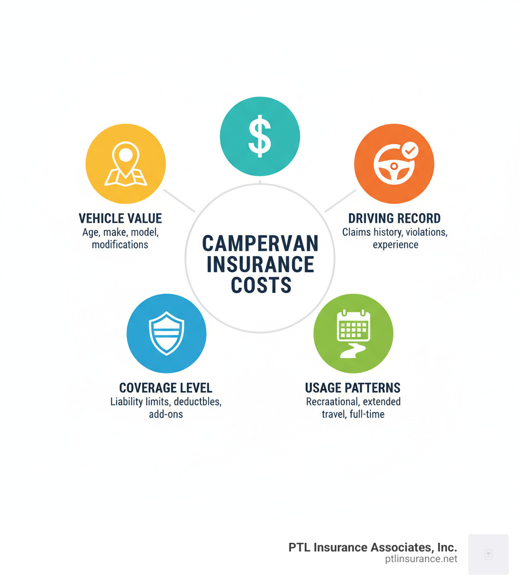 Infographic showing five circular icons arranged in a star pattern with "Campervan Insurance Costs" in the center. Each icon represents a key cost factor: 1) Vehicle Value (dollar sign icon), 2) Driving Record (steering wheel with checkmark), 3) Usage Patterns (calendar and road icon), 4) Coverage Level (shield with layers), and 5) Geographic Location (map pin). Each factor includes a brief descriptor: "Age, make, model, modifications"; "Claims history, violations, experience"; "Recreational, extended travel, full-time"; "Liability limits, deductibles, add-ons"; "Storage location, regional risk factors". - how much is campervan insurance infographic Infographic showing five circular icons arranged in a star pattern with "Campervan Insurance Costs" in the center. Each icon represents a key cost factor: 1) Vehicle Value (dollar sign icon), 2) Driving Record (steering wheel with checkmark), 3) Usage Patterns (calendar and road icon), 4) Coverage Level (shield with layers), and 5) Geographic Location (map pin). Each factor includes a brief descriptor: "Age, make, model, modifications"; "Claims history, violations, experience"; "Recreational, extended travel, full-time"; "Liability limits, deductibles, add-ons"; "Storage location, regional risk factors". - how much is campervan insurance infographic