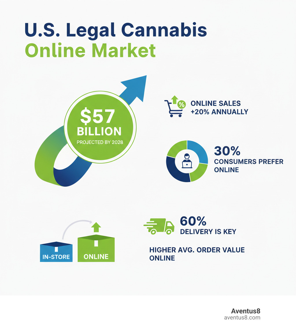 infographic showing U.S. legal cannabis market projected growth to $57 billion by 2028, online sales growth of 20% annually, 30% of consumers preferring online purchases, 60% citing delivery as primary reason for choosing online dispensaries, and average order values being higher online than in-store - Buy legal cannabis online infographic 