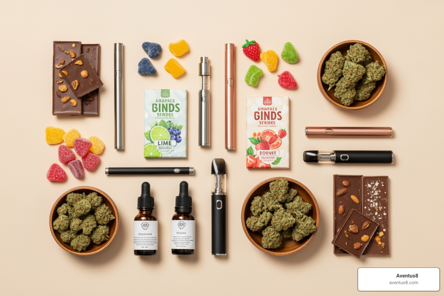 flat lay of cannabis products - Buy legal cannabis online