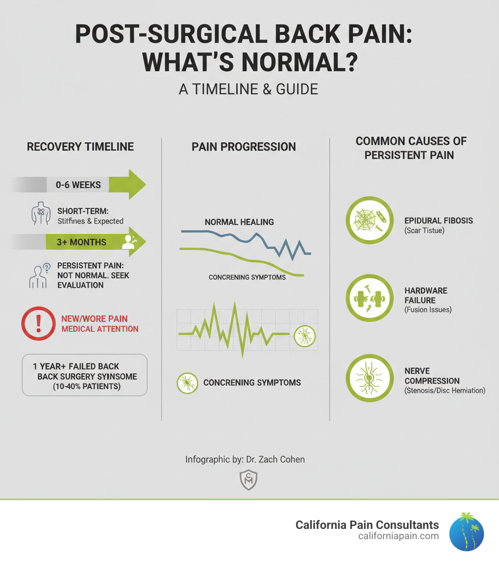 infographic showing the timeline of post-surgical recovery, normal pain progression versus concerning symptoms, and common causes of persistent back pain including epidural fibrosis, hardware failure, adjacent segment disease, and nerve compression - back pain after spine surgery infographic 