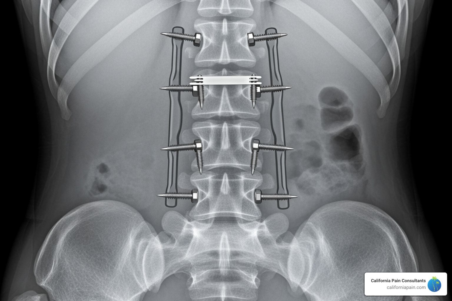 X-ray showing spinal fusion hardware - back pain after spine surgery
