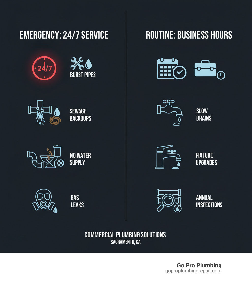 infographic showing the difference between commercial plumbing emergencies requiring immediate 24/7 service such as burst pipes, sewage backups, no water supply, and gas leaks versus routine maintenance issues that can be scheduled during business hours including slow drains, minor leaks, fixture upgrades, and annual inspections - schedule commercial plumbing services sacramento ca infographic 
