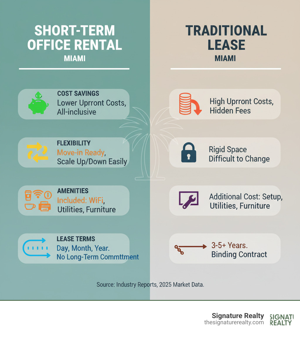 infographic showing comparison of short-term office rental benefits including cost savings, flexibility, included amenities, and lease term options versus traditional long-term commercial leases in Miami - short term office rental miami infographic infographic showing comparison of short-term office rental benefits including cost savings, flexibility, included amenities, and lease term options versus traditional long-term commercial leases in Miami - short term office rental miami infographic
