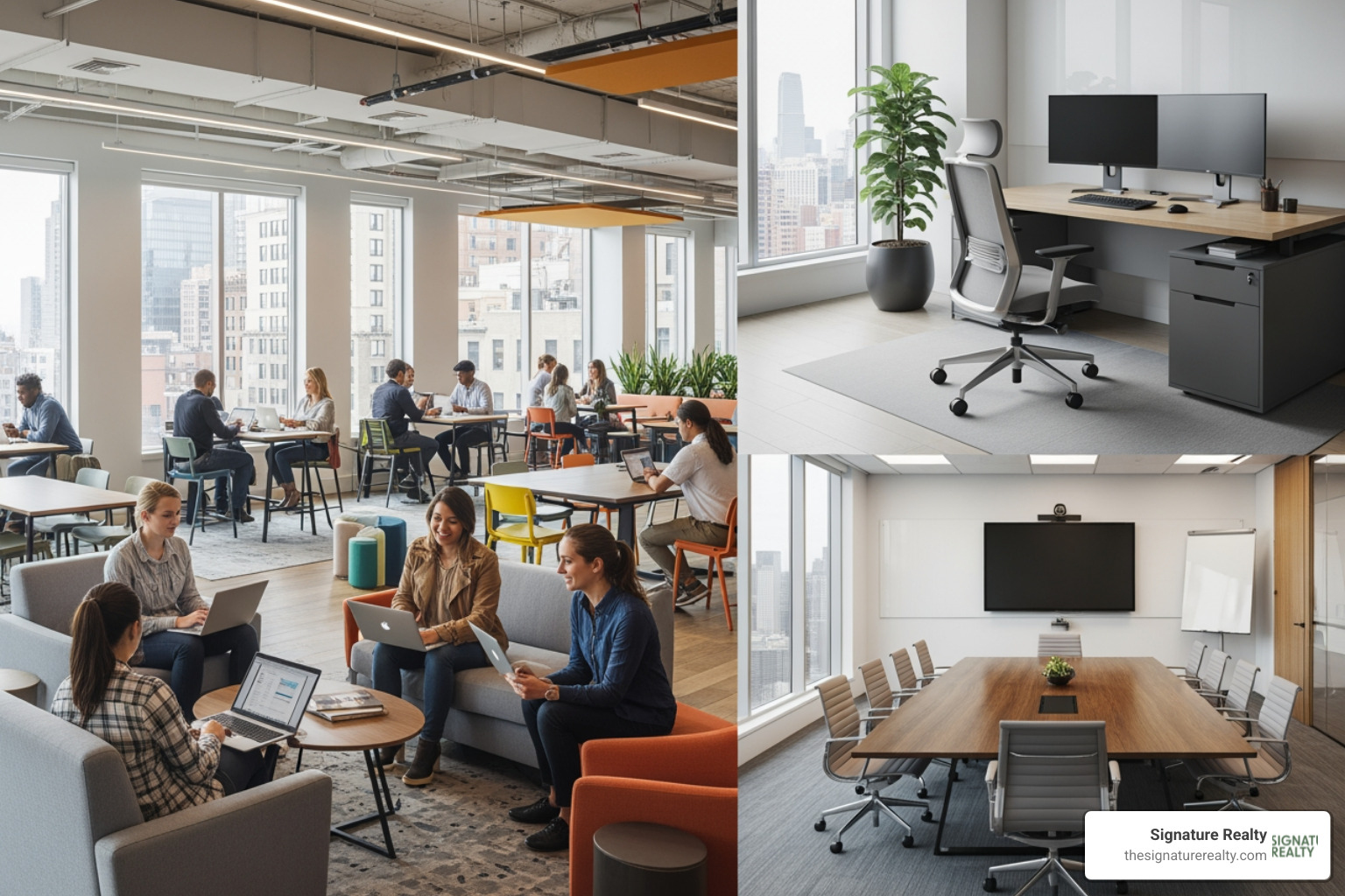collage showing a vibrant coworking area, a sleek private office, and a professional meeting room - short term office rental miami collage showing a vibrant coworking area, a sleek private office, and a professional meeting room - short term office rental miami