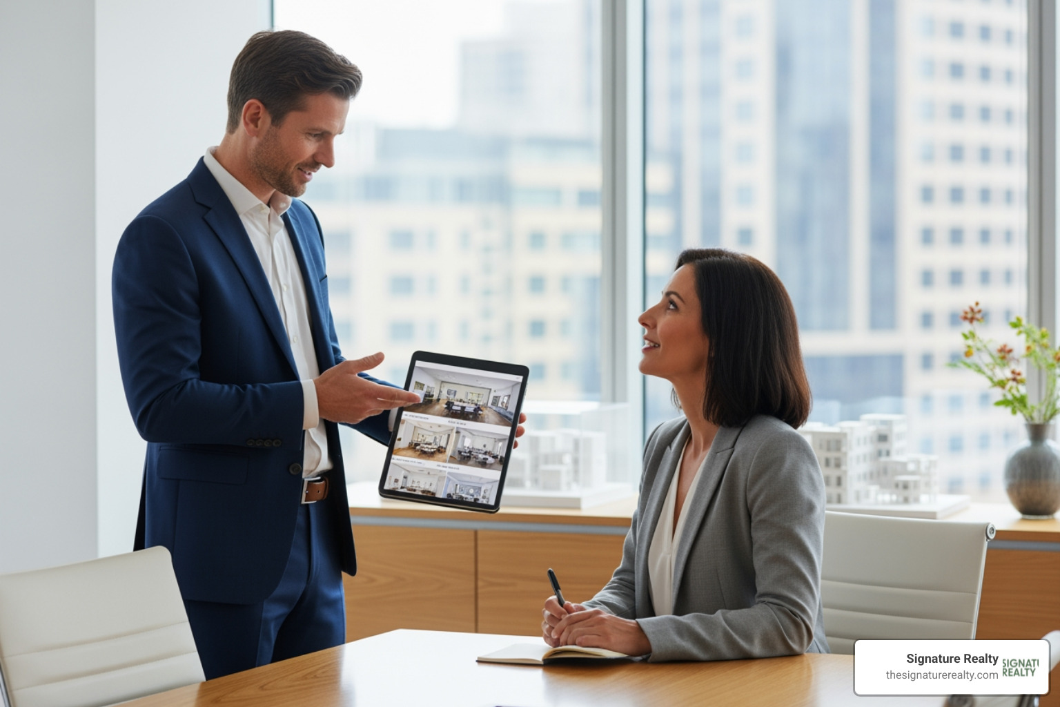 of a professional real estate agent presenting office options to a client on a tablet - short term office rental miami of a professional real estate agent presenting office options to a client on a tablet - short term office rental miami