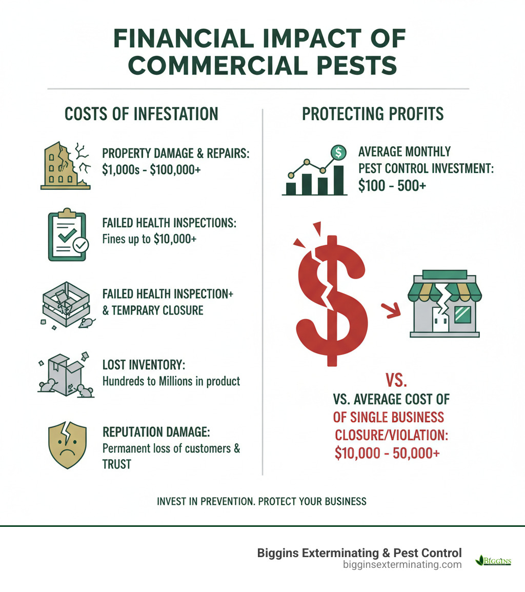 infographic showing financial impact of commercial pest infestations including costs from property damage, failed health inspections, lost inventory, reputation damage, and average monthly pest control investment compared to average cost of a single pest-related business closure or health code violation - Pest Control Billerica MA infographic 