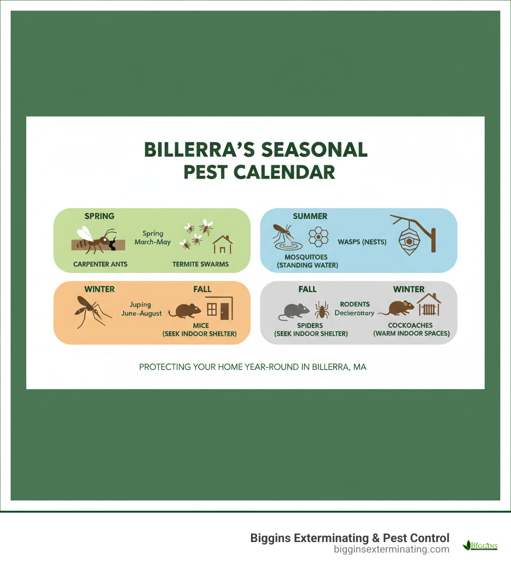 Infographic showing Billerica's seasonal pest calendar: Spring (March-May) features carpenter ants emerging and termite swarms, Summer (June-August) shows mosquitoes breeding in standing water and wasps building nests, Fall (September-November) displays mice and spiders seeking indoor shelter as temperatures drop, and Winter (December-February) illustrates rodents and cockroaches hiding in warm indoor spaces - residential pest control in billerica ma infographic 