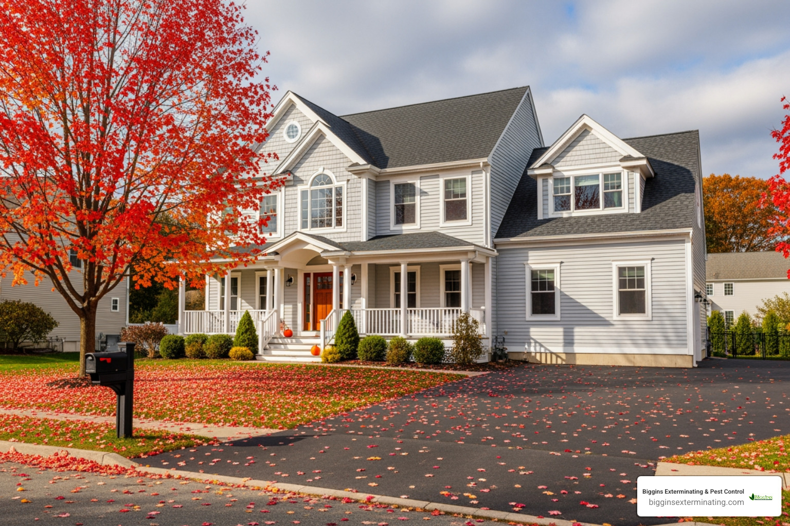 image of a home in Billerica during autumn with leaves on the ground - residential pest control billerica ma