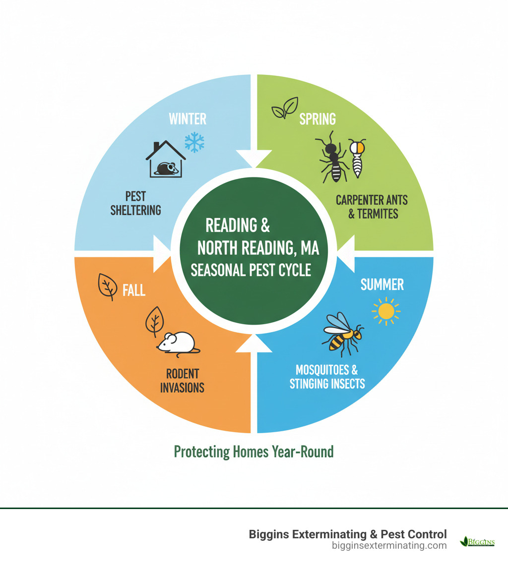 Infographic showing the seasonal pest cycle in Massachusetts, including spring carpenter ants and termites, summer mosquitoes and stinging insects, fall rodent invasions, and winter pest sheltering, with icons for each season and corresponding pests common to Reading and North Reading, MA - Pest Control - Reading & North Reading, MA infographic Infographic showing the seasonal pest cycle in Massachusetts, including spring carpenter ants and termites, summer mosquitoes and stinging insects, fall rodent invasions, and winter pest sheltering, with icons for each season and corresponding pests common to Reading and North Reading, MA - Pest Control - Reading & North Reading, MA infographic