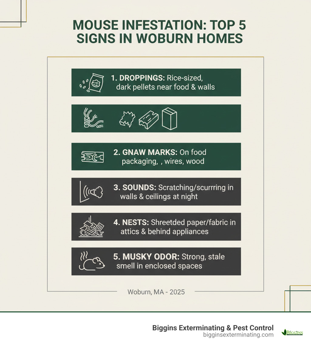 Infographic showing the top 5 signs of mouse infestation in Woburn homes: 1) Rice-sized dark droppings near food sources and along walls, 2) Fresh gnaw marks on food packaging, wires, and wood, 3) Scratching or scurrying sounds in walls and ceilings at night, 4) Shredded paper or fabric nests in hidden areas like attics or behind appliances, 5) Strong musky odor in enclosed spaces indicating active mouse presence - Mice removal Woburn infographic 