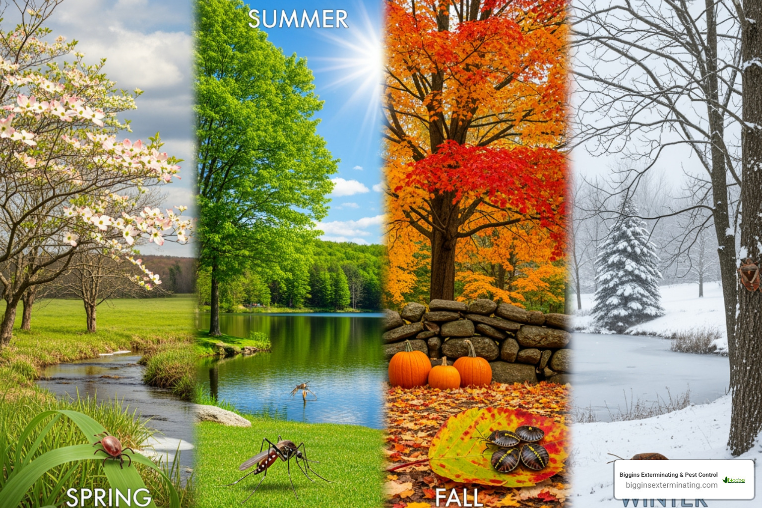 Calendar highlighting different pests for each season in New England, with specific examples for Reading and North Reading, MA - Pest Control - Reading & North Reading, MA Calendar highlighting different pests for each season in New England, with specific examples for Reading and North Reading, MA - Pest Control - Reading & North Reading, MA