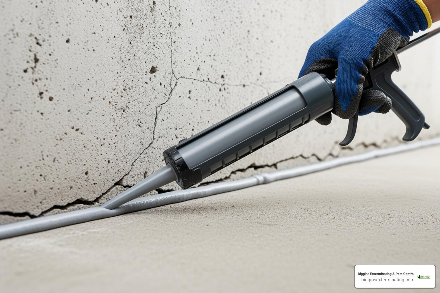 hand sealing a crack in a home's foundation with caulk - Mice removal Woburn