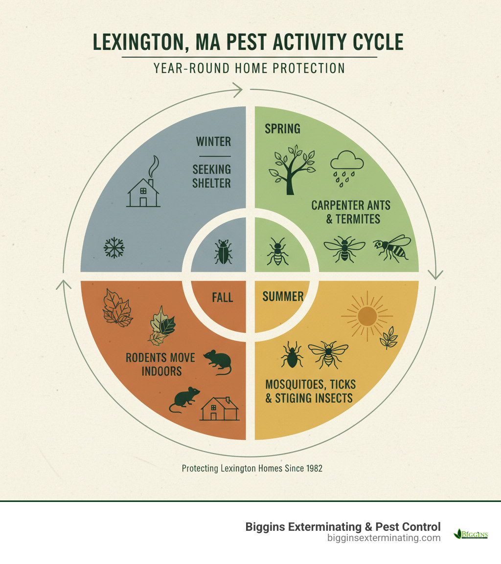 Infographic showing the year-round pest activity cycle in Lexington MA, with spring bringing carpenter ants and termites, summer increasing mosquitoes ticks and stinging insects, fall driving rodents indoors, and winter pests seeking shelter in warm homes - Pest Control - Lexington, MA infographic 