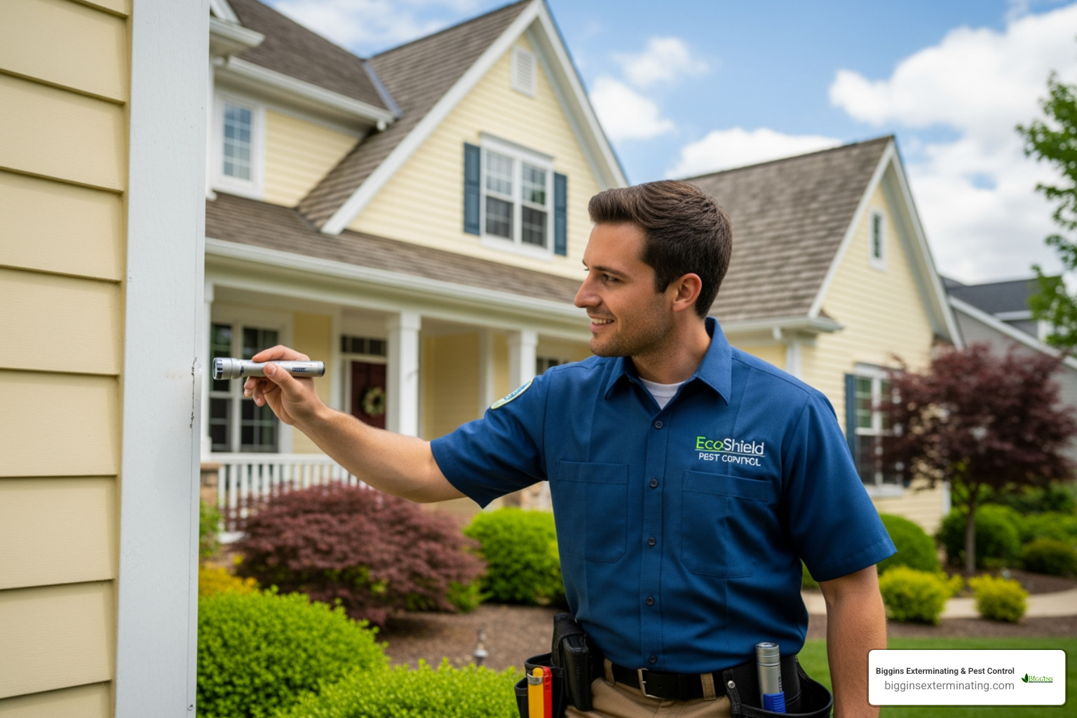 A friendly pest control technician inspecting a home's exterior - Pest Control Woburn MA