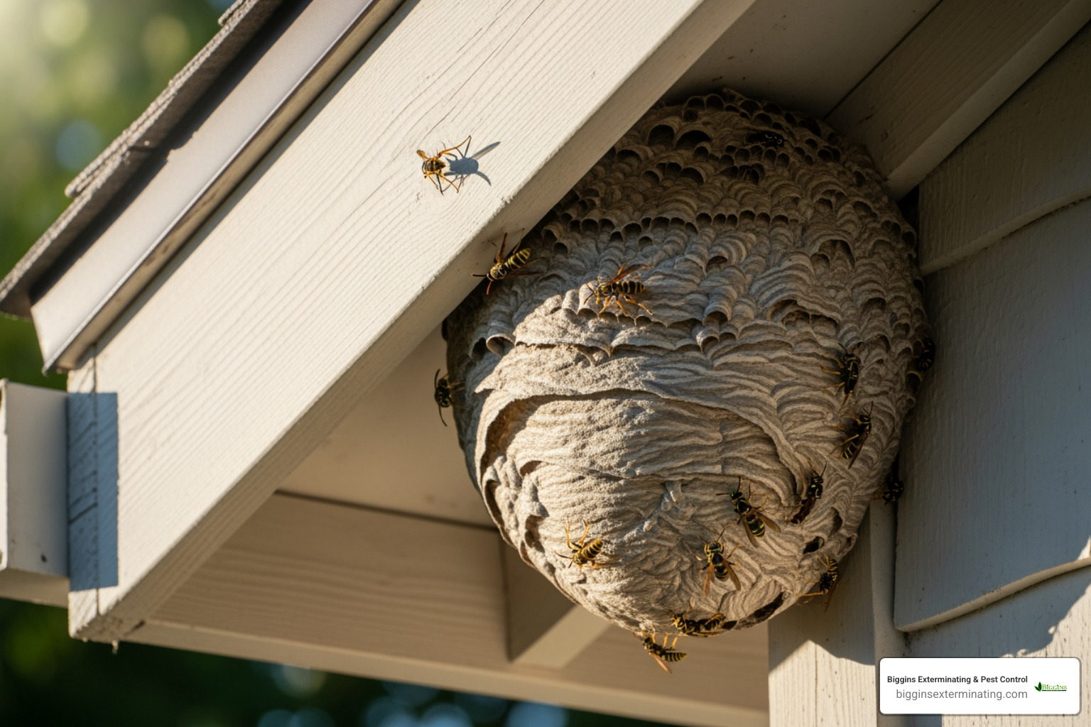 A wasp nest on the eave of a house - Pest Control - Lexington, MA