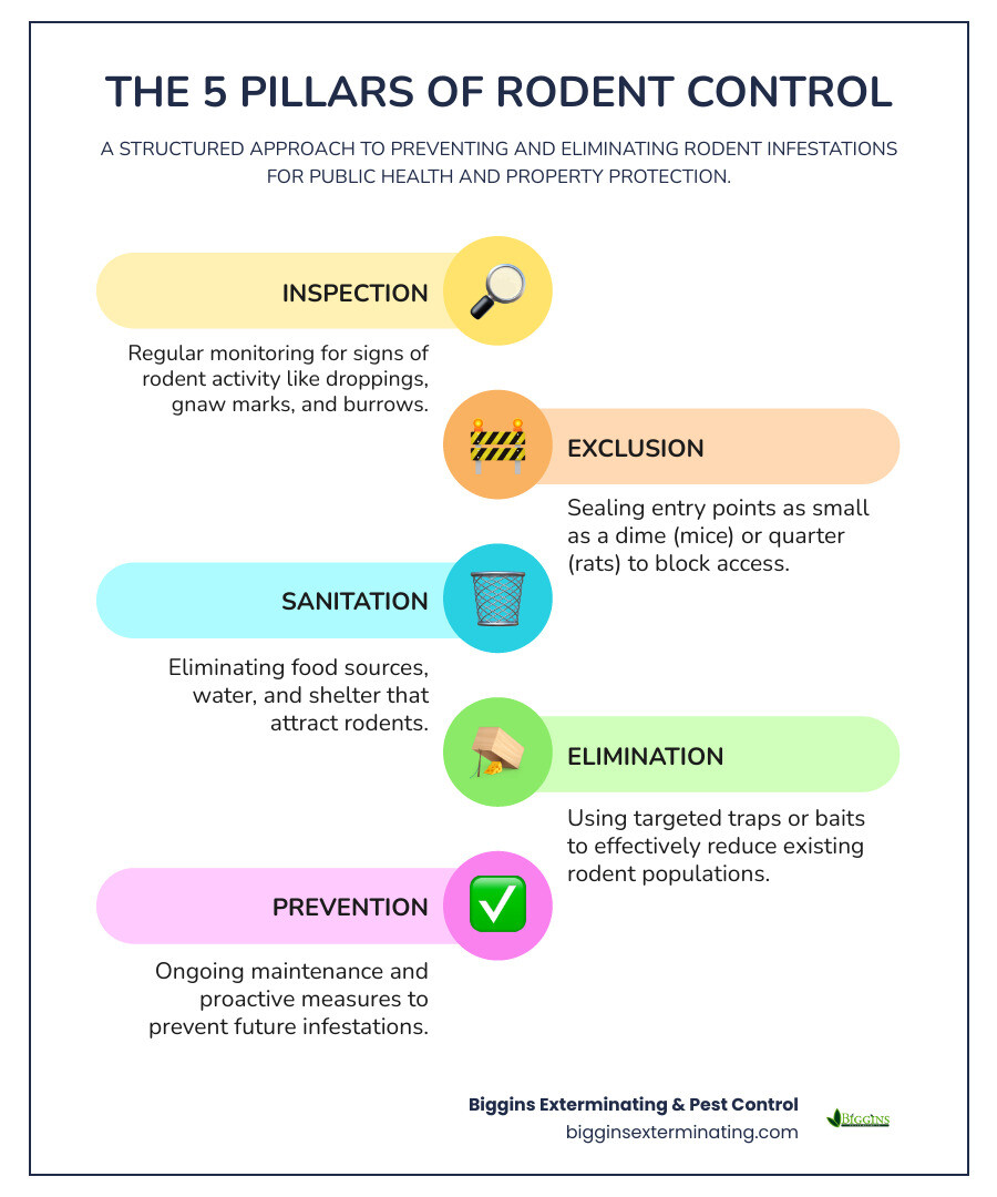 Infographic showing the four pillars of Integrated Pest Management: Inspection with magnifying glass over rodent signs, Exclusion showing sealed gaps in foundation, Sanitation depicting secured trash bins and clean spaces, and Elimination illustrating trap placement along walls - Rodent control program infographic infographic-line-5-steps-colors Infographic showing the four pillars of Integrated Pest Management: Inspection with magnifying glass over rodent signs, Exclusion showing sealed gaps in foundation, Sanitation depicting secured trash bins and clean spaces, and Elimination illustrating trap placement along walls - Rodent control program infographic infographic-line-5-steps-colors