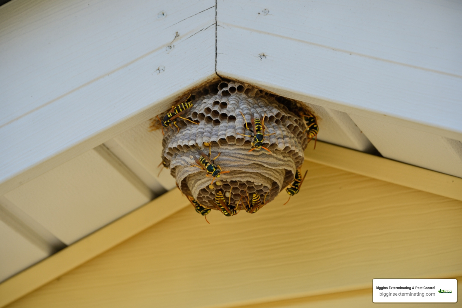 Wasp nest on the eave of a house - Pest control North Andover