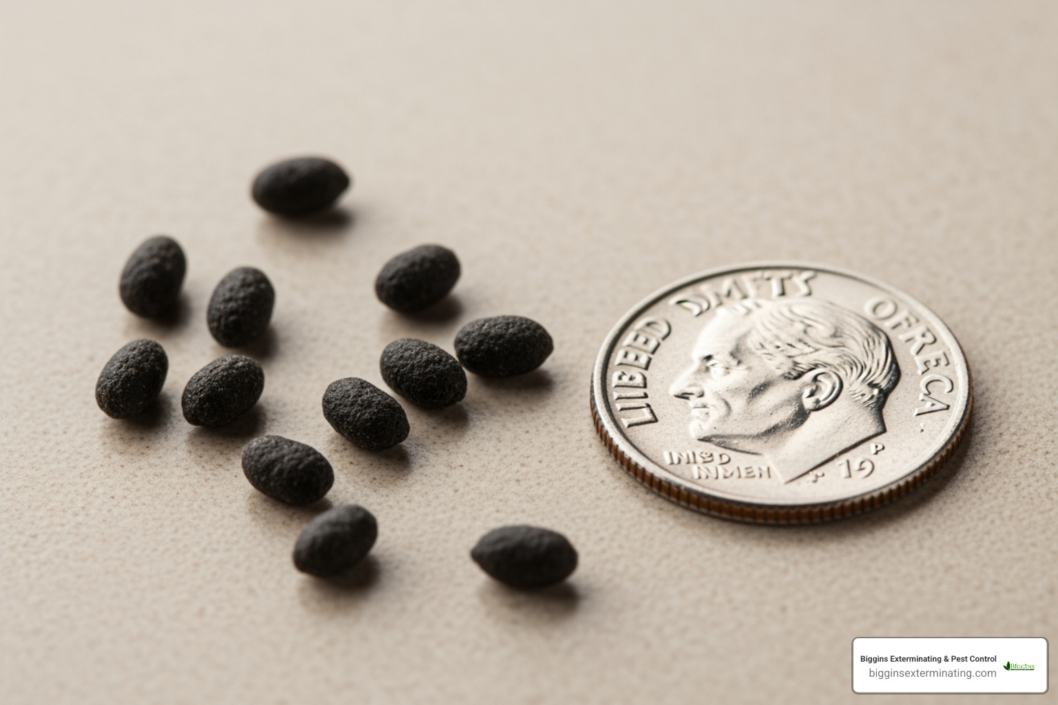 rice-sized mouse droppings next to a coin for scale - Mice removal Woburn