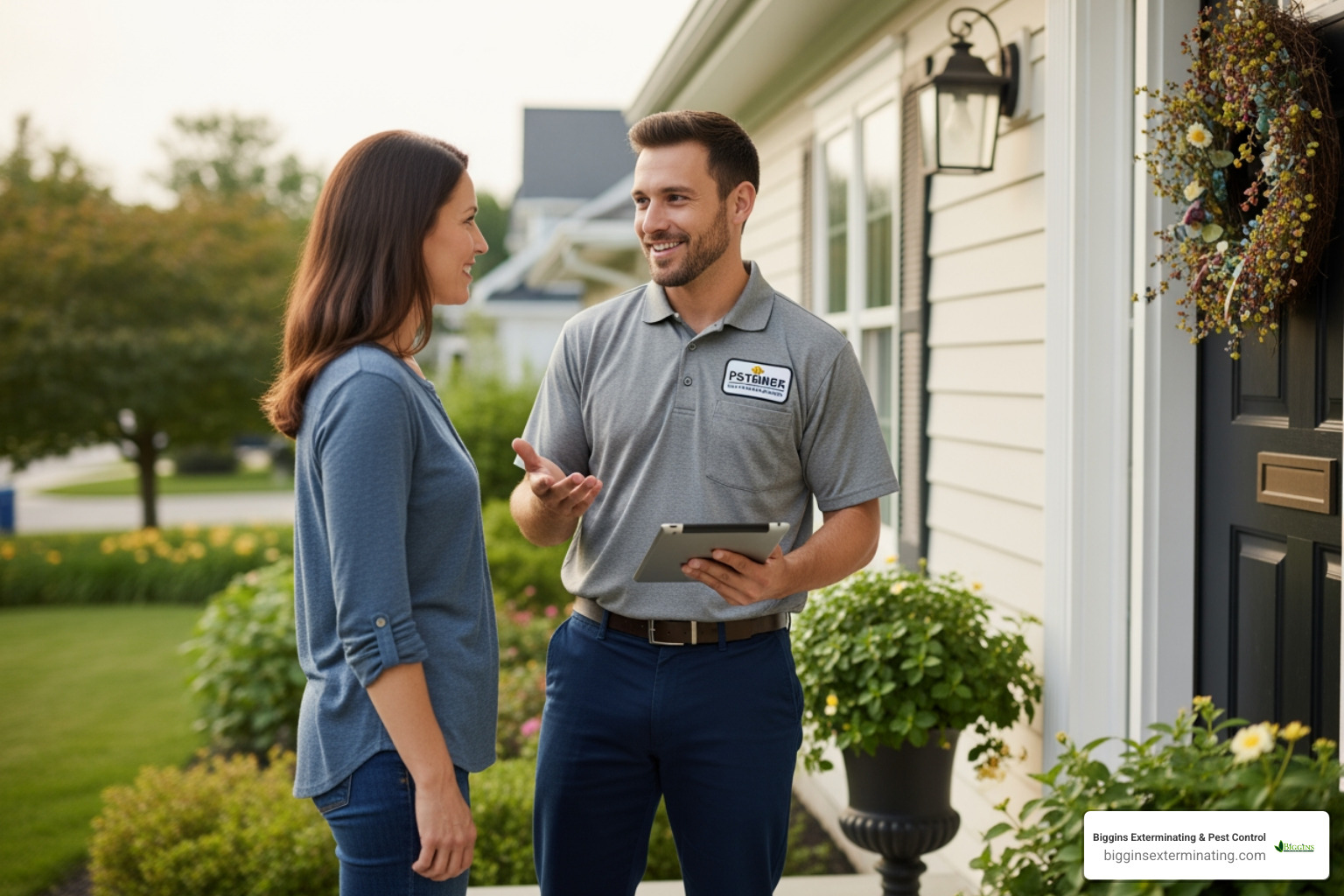 friendly, professional pest control technician speaking with a homeowner at their front door - pest control company near bedford ma