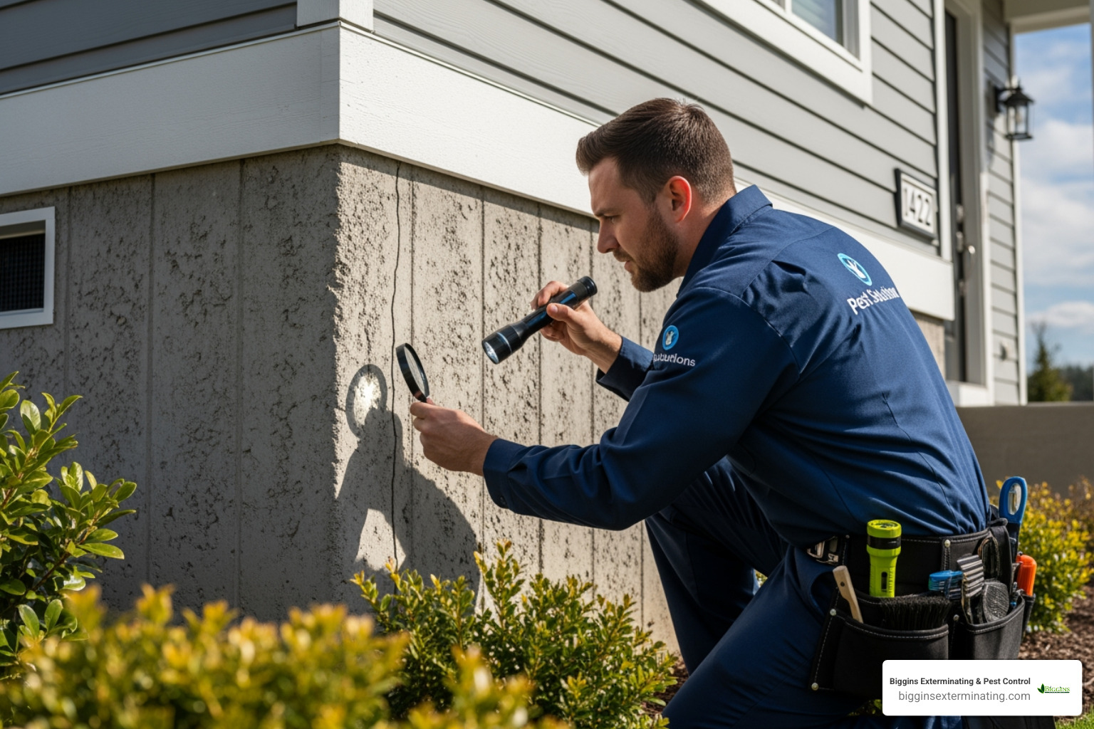technician carefully inspecting the foundation of a home for entry points - pest control company near bedford ma