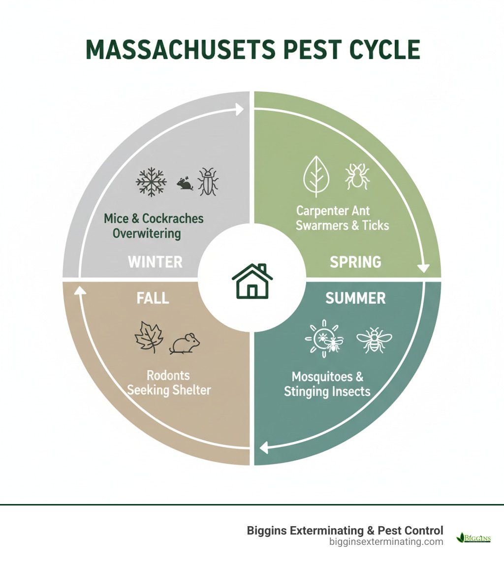 Infographic explaining the year-round cycle of common pests in Massachusetts, with icons for each season and the corresponding pests like carpenter ant swarmers and ticks in spring, mosquitoes and stinging insects in summer, rodents seeking shelter in fall, and mice and cockroaches overwintering in winter. - pest control company in bedford ma infographic 