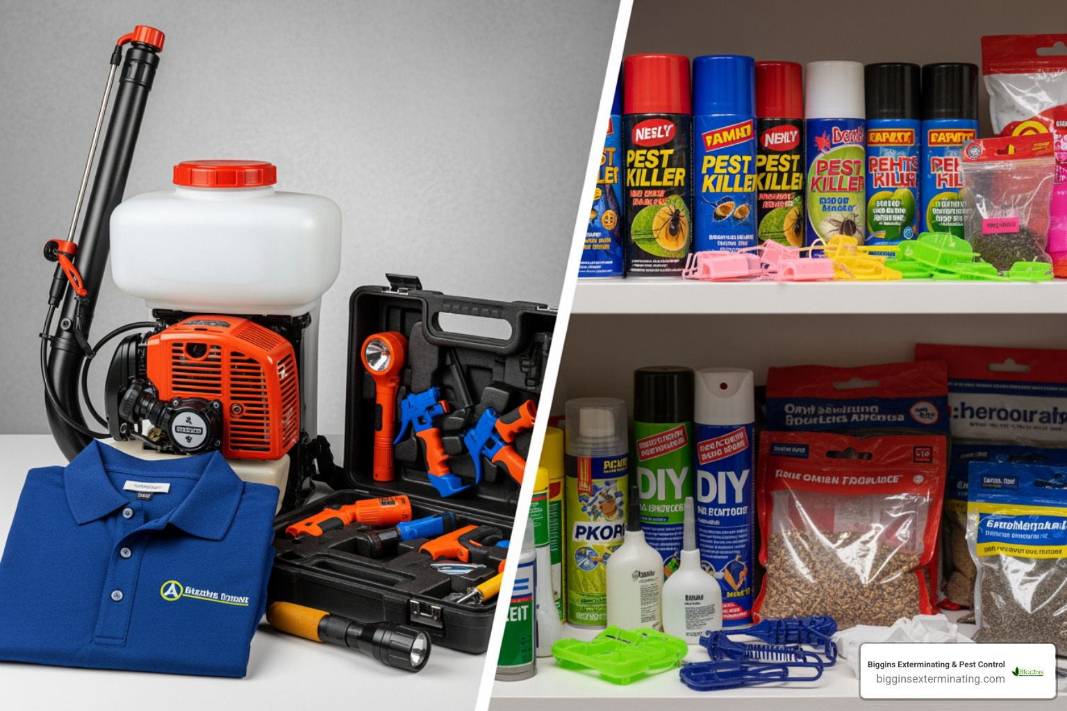 Image contrasting a professional technician's equipment with a shelf of DIY pest control products - how much does pest control cost