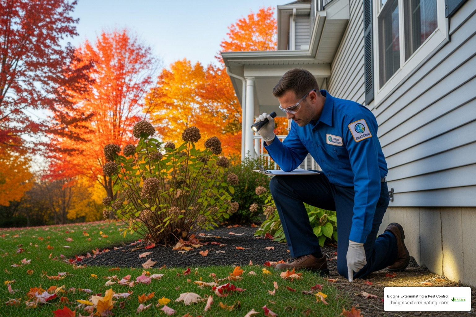 A pest control technician inspecting the exterior of a house with fall foliage - how much does pest control cost