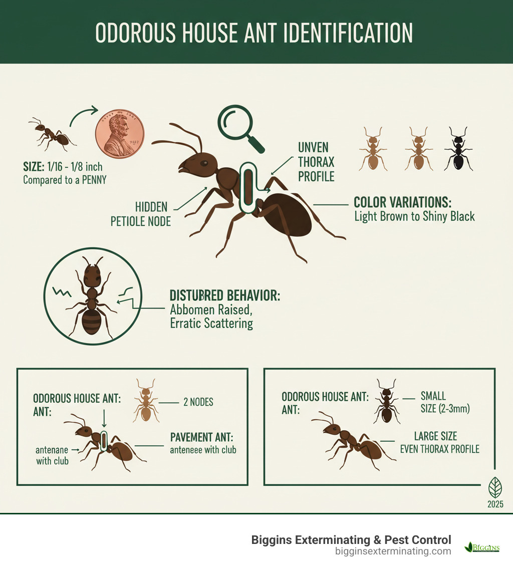Infographic showing odorous house ant identification features including size comparison to a penny, body structure with hidden petiole node, color variations from brown to black, the characteristic raised abdomen when disturbed, and visual comparison to similar ants like pavement ants and carpenter ants with key distinguishing features labeled - Odorous house ant infographic 