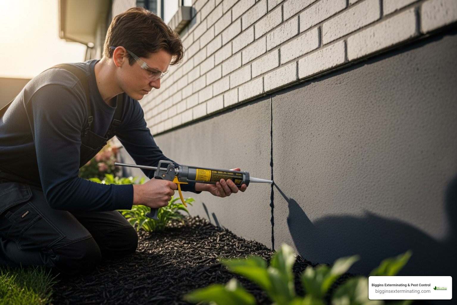 Person caulking a crack in a home's foundation - Odorous house ant