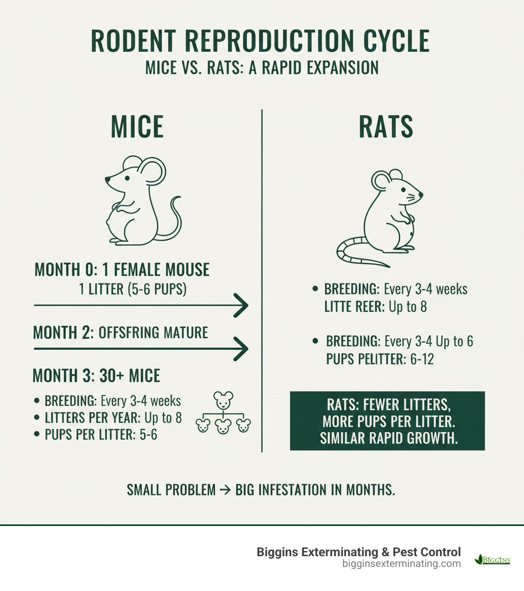 infographic showing the rapid breeding cycle of mice and rats, with a timeline illustrating how one pregnant female mouse can lead to dozens of offspring within just a few months, and comparing mouse reproduction rates to rat reproduction rates - Rodent Control (Mice & Rats) infographic 