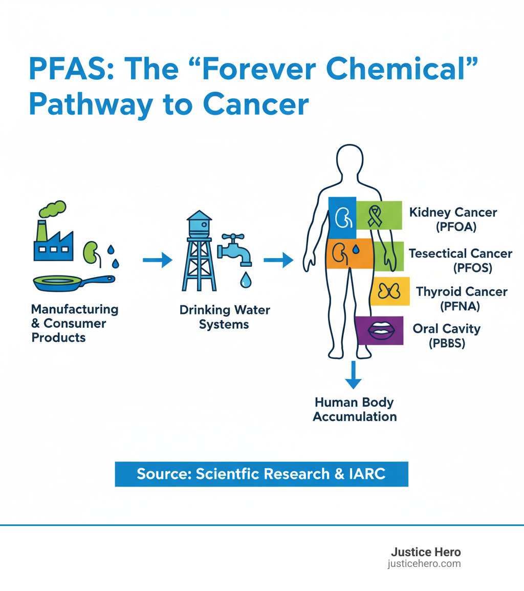 Infographic showing PFAS pathways from manufacturing and consumer products through drinking water systems into human bodies, with specific cancer types linked to different PFAS compounds including kidney cancer (PFOA), testicular cancer (PFOS), thyroid cancer (PFNA), and oral cavity cancer (PFBS) - PFAS and cancer infographic Infographic showing PFAS pathways from manufacturing and consumer products through drinking water systems into human bodies, with specific cancer types linked to different PFAS compounds including kidney cancer (PFOA), testicular cancer (PFOS), thyroid cancer (PFNA), and oral cavity cancer (PFBS) - PFAS and cancer infographic