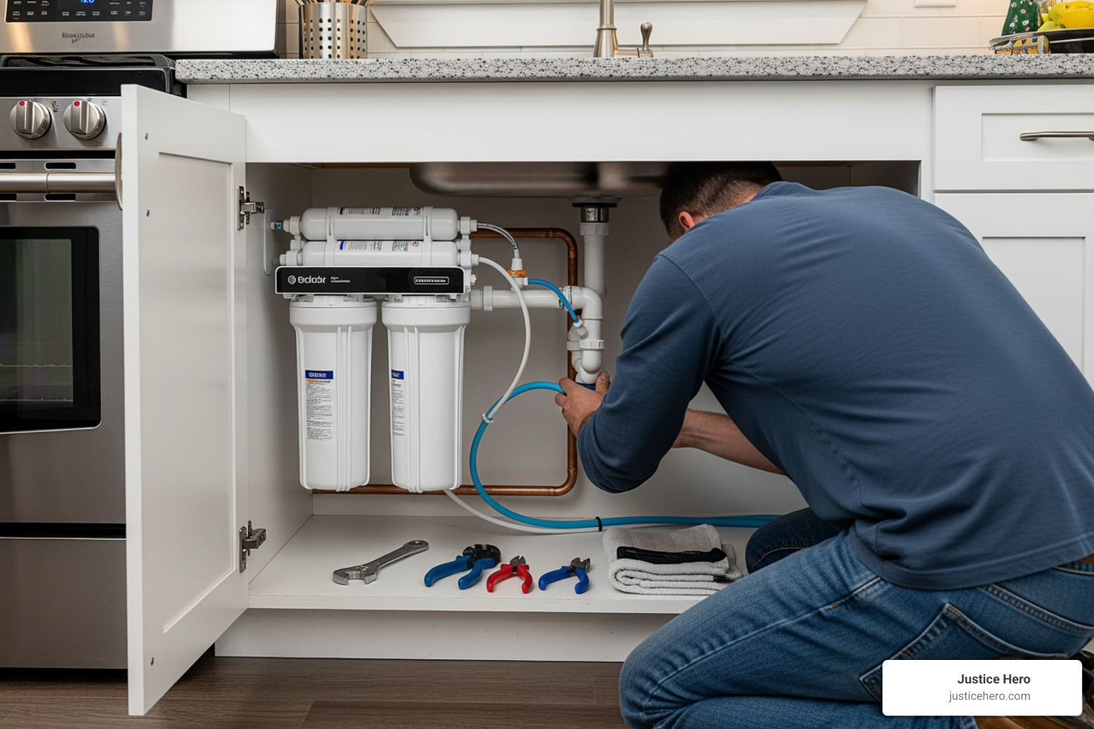 Person installing a water filter on a kitchen sink - PFAS and cancer Person installing a water filter on a kitchen sink - PFAS and cancer