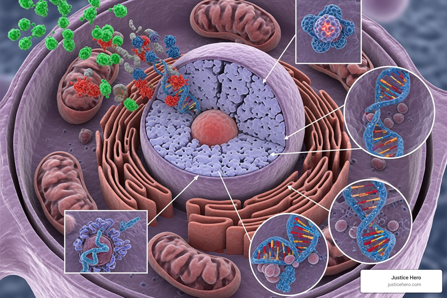 Illustration of environmental exposure leading to cellular damage and changes that can lead to cancer - PFAS and cancer Illustration of environmental exposure leading to cellular damage and changes that can lead to cancer - PFAS and cancer