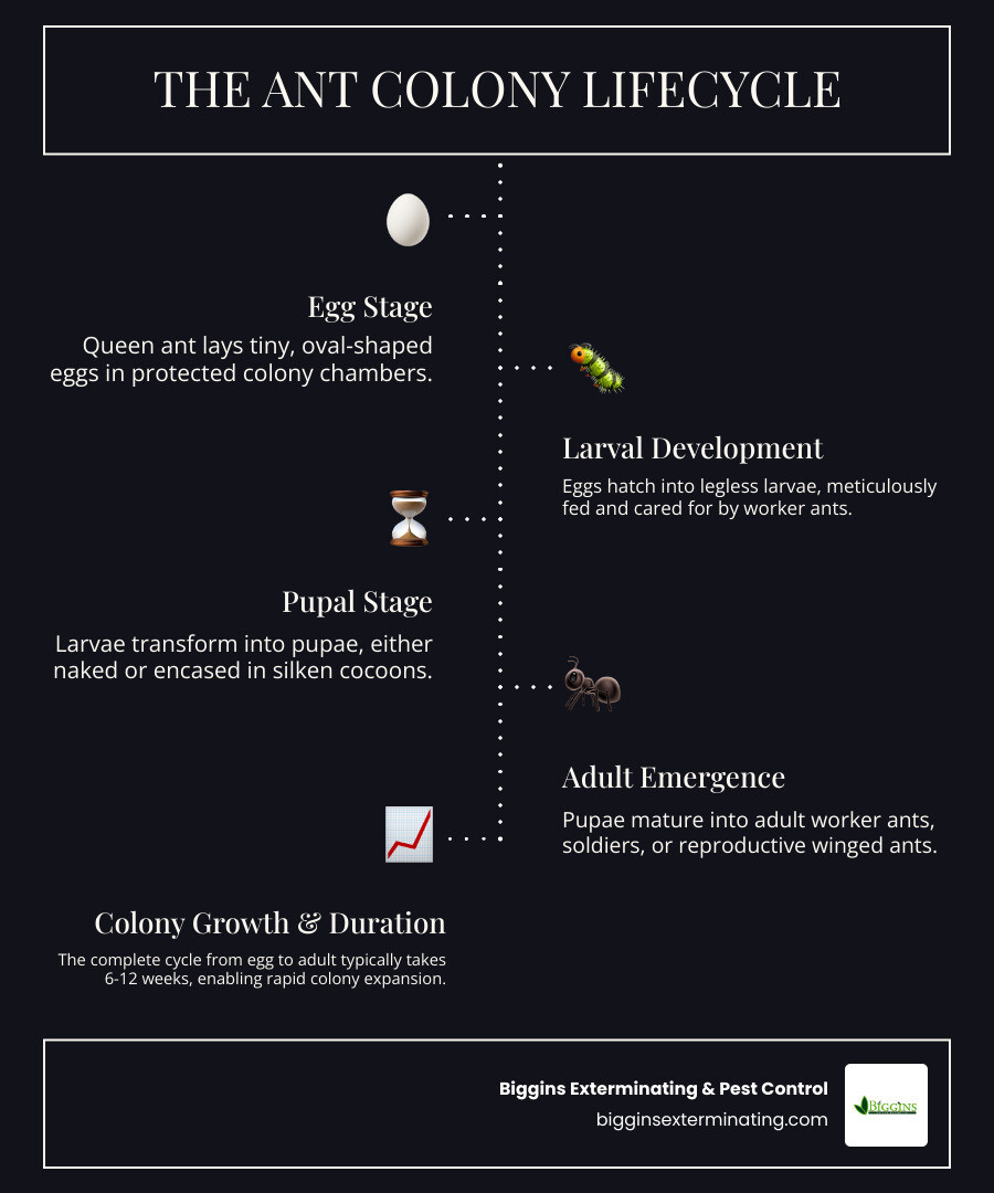 Infographic showing the complete ant colony lifecycle from queen laying eggs, to larvae development, pupae stage, and emergence of adult worker ants, soldier ants, and reproductive winged ants, with timeline of 6-12 weeks for complete development - Ant exterminator in Bedford MA infographic infographic-line-5-steps-dark