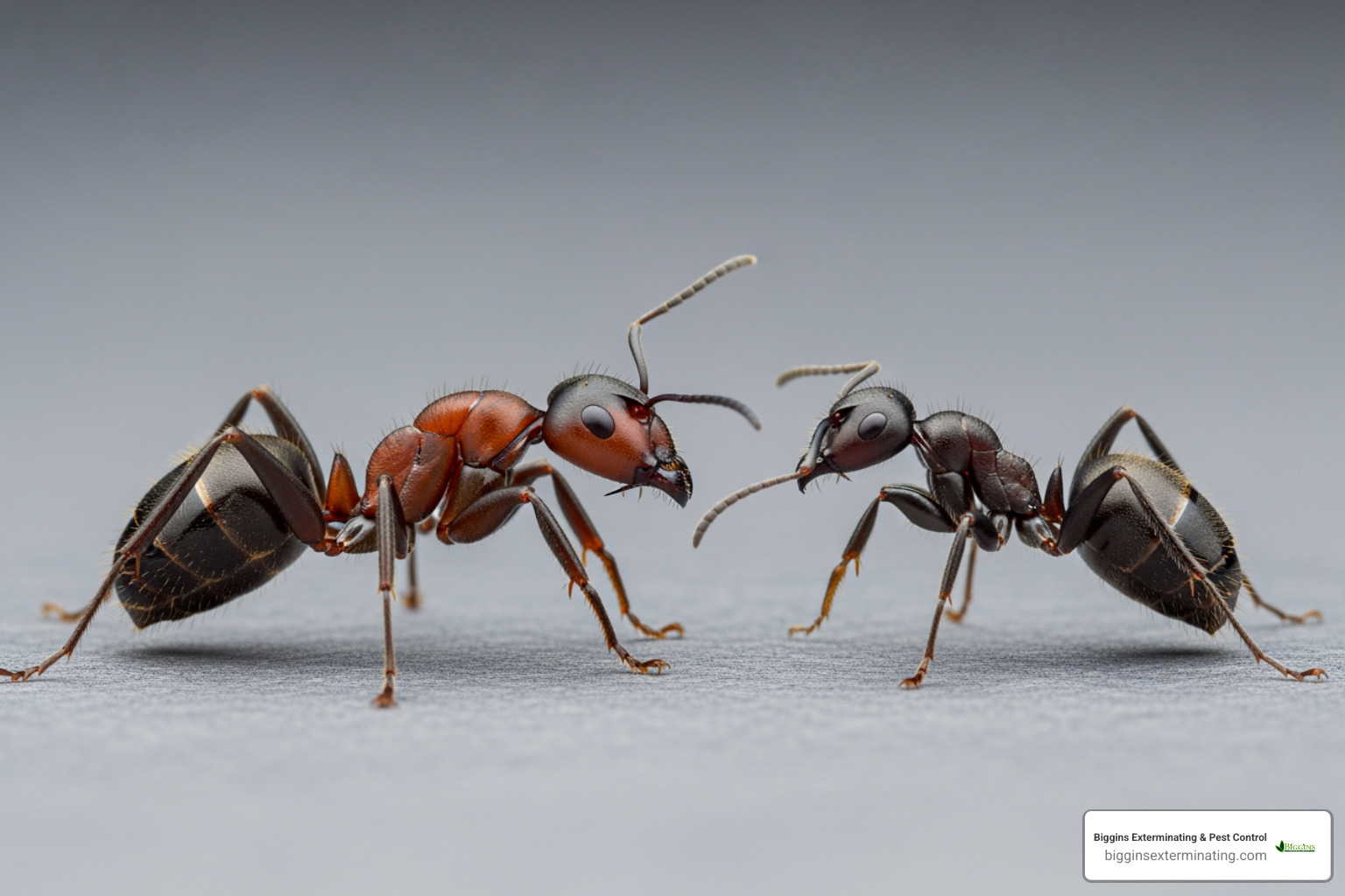 Image of a carpenter ant next to a pavement ant for size comparison - Ant exterminator Bedford MA